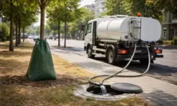 Gießfahrzeug an Regenwasserspeicher bewässert Straßenbäume in Chemnitz bei sommerlicher Trockenheit