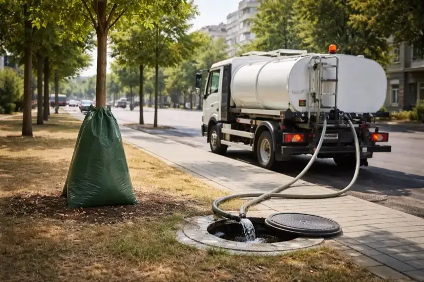 Gießfahrzeug an Regenwasserspeicher bewässert Straßenbäume in Chemnitz bei sommerlicher Trockenheit