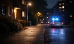 Nächtliche Straße mit Wohnhäusern und Polizeiwagen in Stuttgart, Symbol für Gewalt gegen Frauen und Femizid