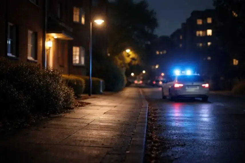 Nächtliche Straße mit Wohnhäusern und Polizeiwagen in Stuttgart, Symbol für Gewalt gegen Frauen und Femizid