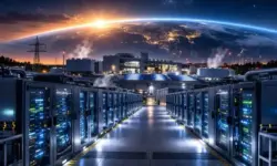 Modernes Rechenzentrum mit Serverreihen und Sternenhimmel als Symbol für KI-Infrastruktur und Rechenzentren im All