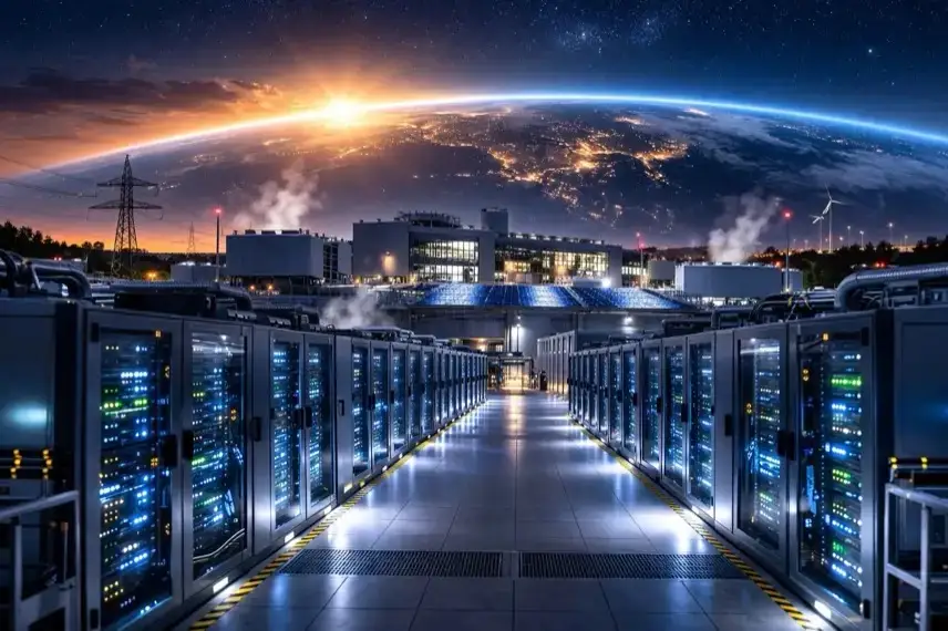 Modernes Rechenzentrum mit Serverreihen und Sternenhimmel als Symbol für KI-Infrastruktur und Rechenzentren im All