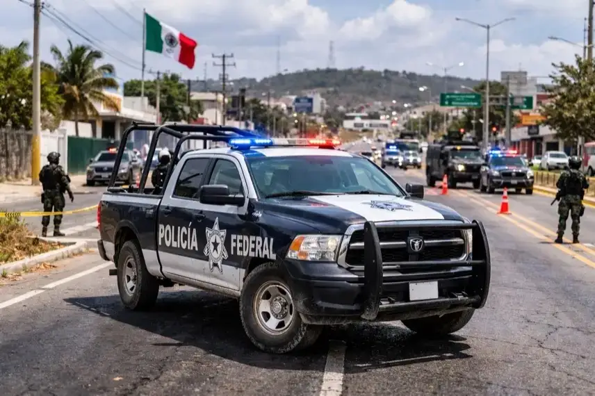 Brennende Fahrzeuge blockieren Straße in Mexiko nach Tod von El Mencho, Rauch über Stadtgebiet