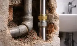 Freigelegte alte Bleileitung neben neuer Trinkwasserleitung in Hausinstallation