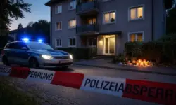 Abgesperrtes Mehrfamilienhaus in Strullendorf im Landkreis Bamberg mit Polizeifahrzeug und Kerzen vor dem Gebäude