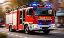 Fahrendes rotes Feuerwehrfahrzeug mit Blaulicht auf städtischer Straße in Berlin```