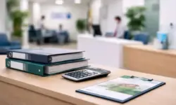 Empfangsbereich einer gesetzlichen Krankenkasse mit Aktenordnern und Taschenrechner zur GKV-Finanzdebatte