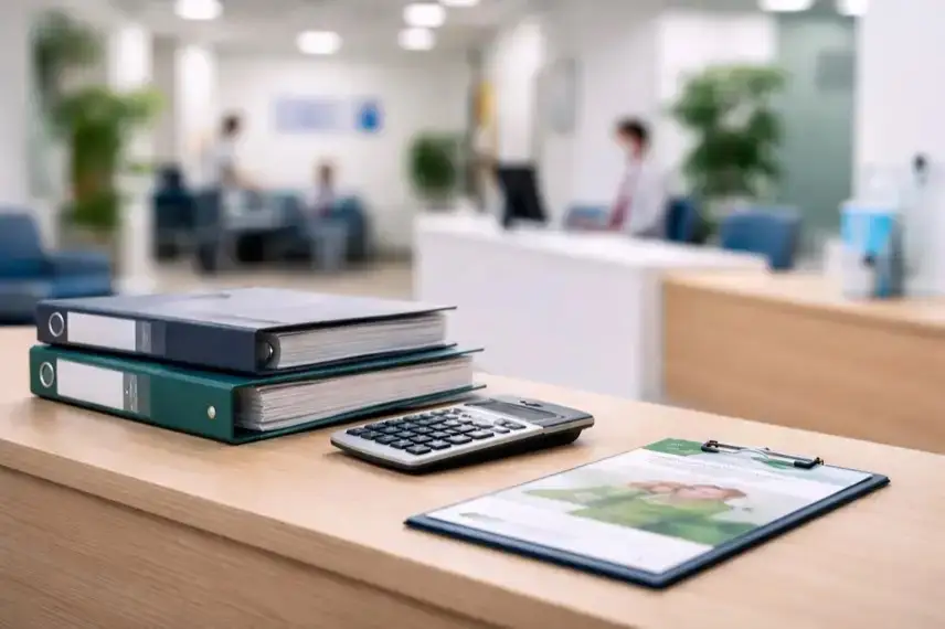Empfangsbereich einer gesetzlichen Krankenkasse mit Aktenordnern und Taschenrechner zur GKV-Finanzdebatte