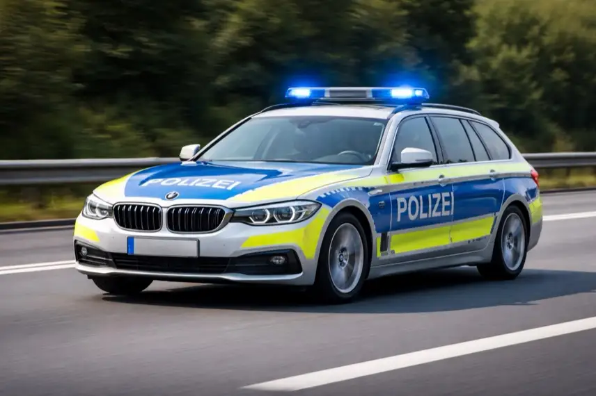 Polizeiauto mit Blaulicht auf der A2 im Einsatz nach Lkw-Unfall
