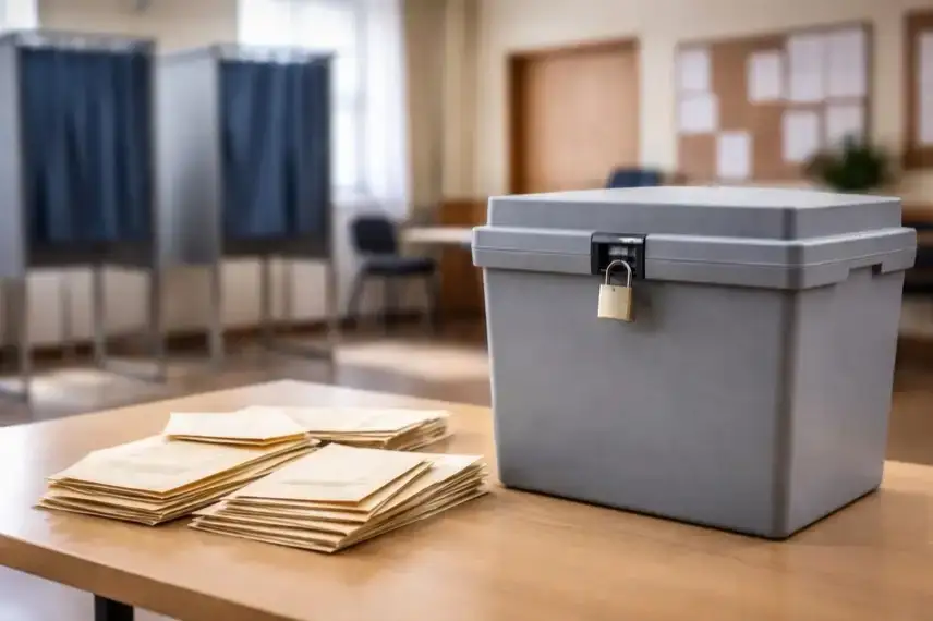 Leere Wahlurne und Briefwahlumschläge in einem Rathaus zur Bürgermeisterwahl in Strausberg