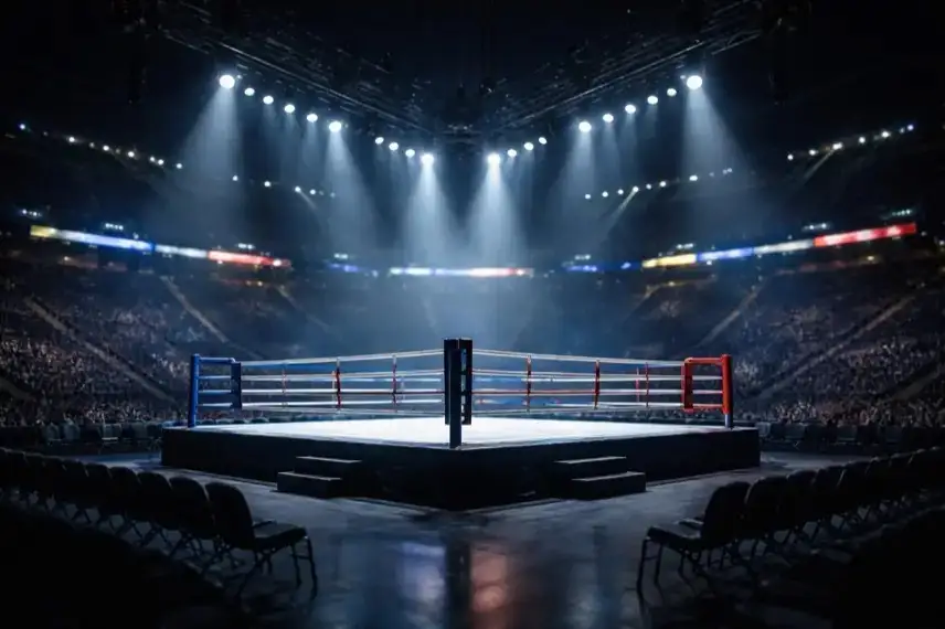 Beleuchteter Boxring in moderner Arena in Las Vegas vor Rematch Mayweather vs. Pacquiao 2026
