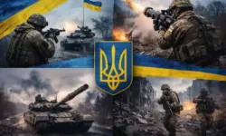 Beschädigte Wohnhäuser in ukrainischer Stadt bei Dämmerung, dunkle Fenster, Symbol für Ukraine-Krieg und zerstörte Infrastruktur