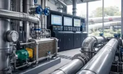 Technikraum eines smarten Heizkraftwerks mit Rohrleitungen, Wärmepumpe und digitaler Steuerung zur Kraft-Wärme-Kopplung