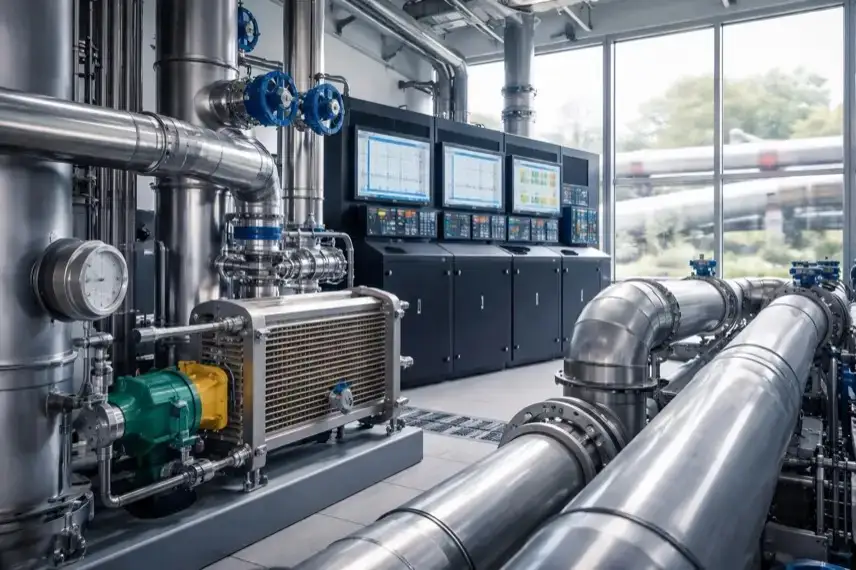 Technikraum eines smarten Heizkraftwerks mit Rohrleitungen, Wärmepumpe und digitaler Steuerung zur Kraft-Wärme-Kopplung