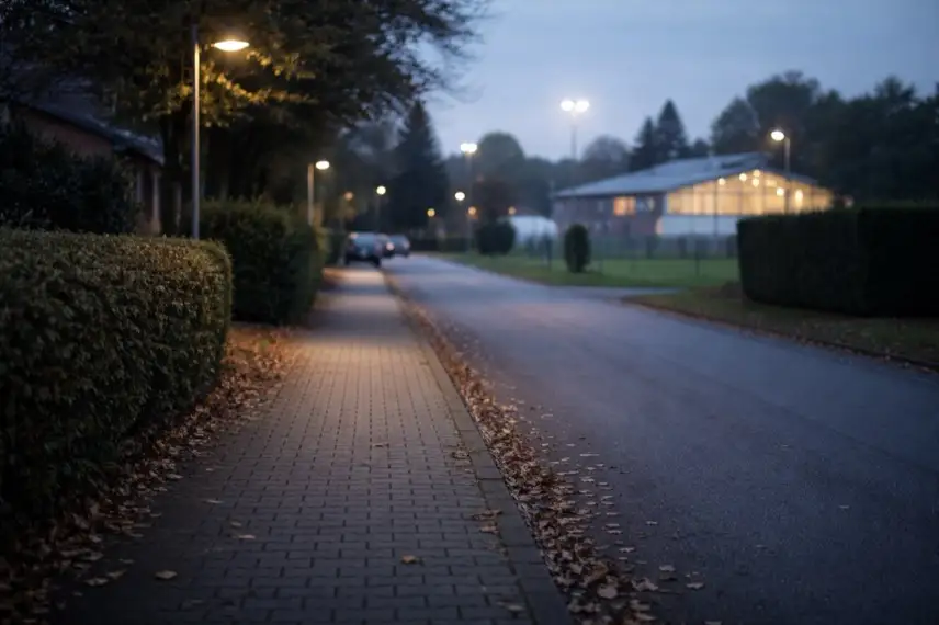 Leerer Gehweg in Barßel nahe Sporthalle, Schauplatz der Suche nach zwei vermissten Kindern im Landkreis Cloppenburg