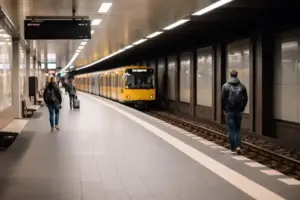 Leerer U-Bahn-Bahnsteig in Berlin während des BVG-Streiks mit abgestelltem Zug im Hintergrund
