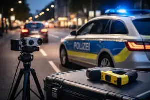 Polizeiwagen mit Kamera zur Kennzeichenerkennung und Taser auf Ablage bei Nacht in Sachsen