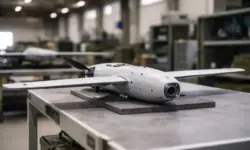 Kompakte Kamikazedrohne als Loitering Munition in einer neutralen militärischen Halle ohne Personen