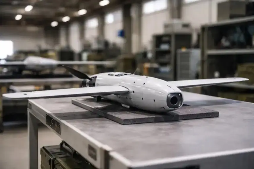 Kompakte Kamikazedrohne als Loitering Munition in einer neutralen militärischen Halle ohne Personen