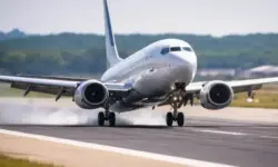 Tragfläche einer Boeing 737 MAX mit Loch im Querruder auf einem Flughafen-Rollfeld bei Tageslicht