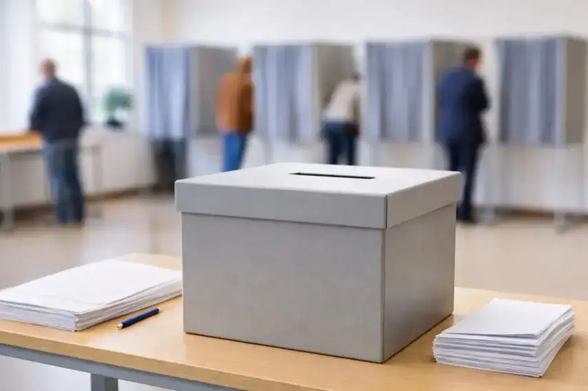 Wahlurne in einem Wahllokal in Baden-Württemberg zur Landtagswahl, Wahlkabinen im Hintergrund