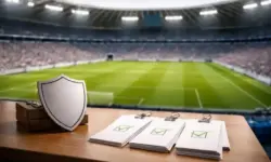 Leeres Fußballstadion mit Mittelkreis und Stimmkarten als Symbol für 50+1-Regel und Vereinskontrolle im Profifußball