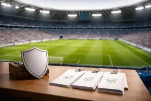 Leeres Fußballstadion mit Mittelkreis und Stimmkarten als Symbol für 50+1-Regel und Vereinskontrolle im Profifußball