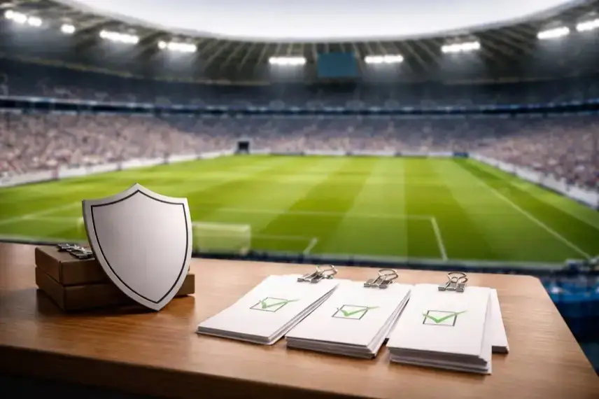 Leeres Fußballstadion mit Mittelkreis und Stimmkarten als Symbol für 50+1-Regel und Vereinskontrolle im Profifußball