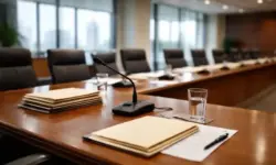 Konferenzraum mit Tisch, Mikrofon und Akten bei einer Anhörung im US-Kongress zum Epstein-Ausschuss