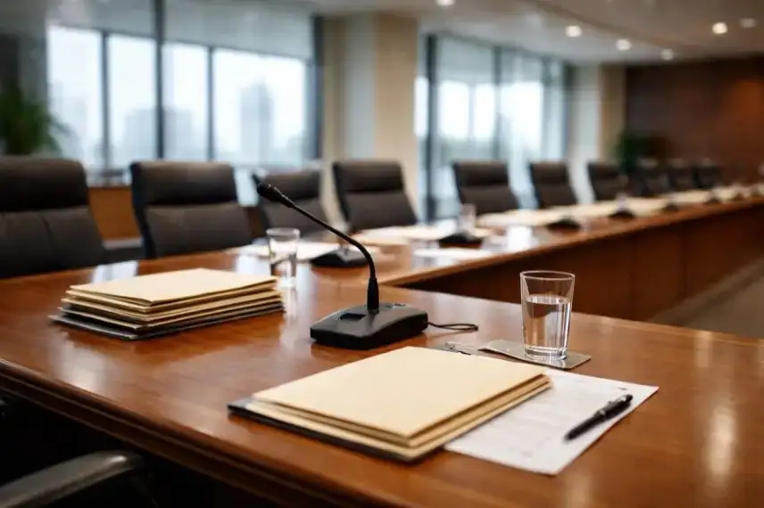 Konferenzraum mit Tisch, Mikrofon und Akten bei einer Anhörung im US-Kongress zum Epstein-Ausschuss