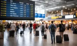 Abflughalle am Flughafen mit Anzeigetafel für USA-Reisen und Reisenden mit Koffern