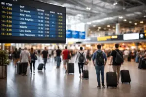 Abflughalle am Flughafen mit Anzeigetafel für USA-Reisen und Reisenden mit Koffern