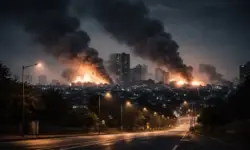 Nächtliche Großstadt mit Rauchwolken nach Explosionen, Symbol für Militärschlag USA Israel gegen Iran