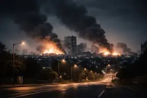 Nächtliche Großstadt mit Rauchwolken nach Explosionen, Symbol für Militärschlag USA Israel gegen Iran