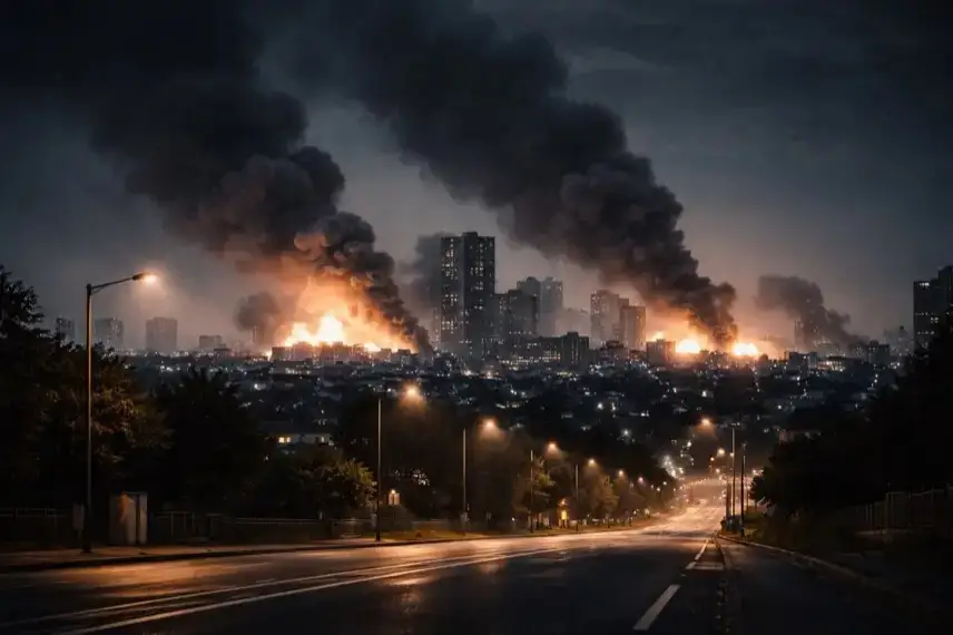 Nächtliche Großstadt mit Rauchwolken nach Explosionen, Symbol für Militärschlag USA Israel gegen Iran