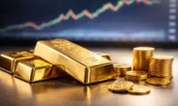 Goldbarren und Goldmünzen auf neutralem Untergrund, im Hintergrund unscharfe Darstellung eines abstrahierten Kursverlaufs am Finanzmarkt.