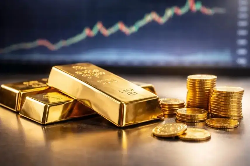 Goldbarren und Goldmünzen auf neutralem Untergrund, im Hintergrund unscharfe Darstellung eines abstrahierten Kursverlaufs am Finanzmarkt.