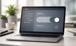 Geöffneter Laptop mit abstrahierten Einstellungs-Schaltflächen und Ein/Aus-Symbol auf dem Bildschirm, neutrales Arbeitsumfeld
