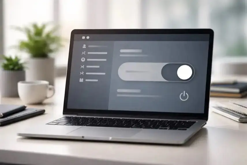 Geöffneter Laptop mit abstrahierten Einstellungs-Schaltflächen und Ein/Aus-Symbol auf dem Bildschirm, neutrales Arbeitsumfeld