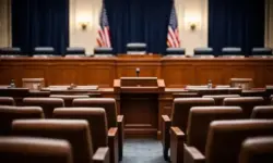 Leerer Sitzungssaal im US-Kongress mit Rednerpult und Stuhlreihen, aufgenommen in neutralem Licht während einer parlamentarischen Anhörung