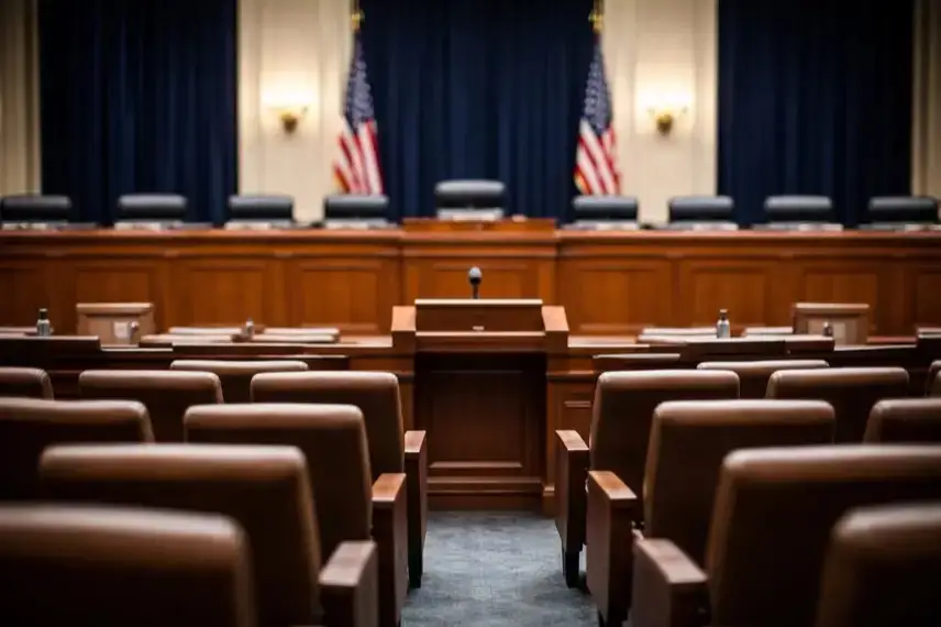 Leerer Sitzungssaal im US-Kongress mit Rednerpult und Stuhlreihen, aufgenommen in neutralem Licht während einer parlamentarischen Anhörung