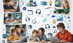 Fotorealistische Collage mit Kindern und Jugendlichen beim Lernen zu Hause, Laptops, Schulmaterialien und modernen Bildungssymbolen.