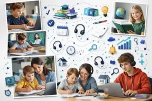 Fotorealistische Collage mit Kindern und Jugendlichen beim Lernen zu Hause, Laptops, Schulmaterialien und modernen Bildungssymbolen.