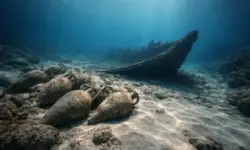 Antike Amphoren und Überreste eines römischen Frachtschiffs auf dem Meeresboden vor Süditalien in gedämpftem Unterwasserlicht.