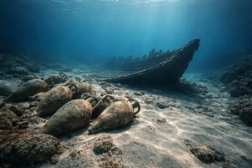 Antike Amphoren und Überreste eines römischen Frachtschiffs auf dem Meeresboden vor Süditalien in gedämpftem Unterwasserlicht.