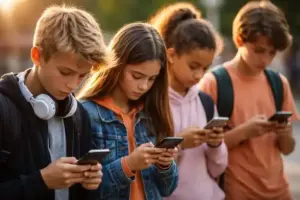 Smartphone mit neutral leuchtendem Display vor dunklem Hintergrund, umgeben von abstrakten digitalen Linien und Netzstrukturen.