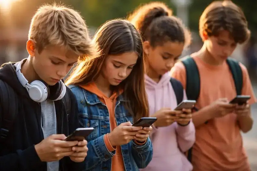 Smartphone mit neutral leuchtendem Display vor dunklem Hintergrund, umgeben von abstrakten digitalen Linien und Netzstrukturen.