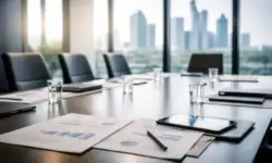 Neutraler Konferenzraum mit Tisch, Dokumenten und Tageslicht, unscharfe Stadtsilhouette im Hintergrund, sachliche Atmosphäre zur Geldpolitik.