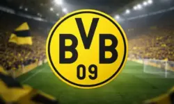 Zentrales Borussia-Dortmund-Logo vor unscharfem Fußballstadion mit Rasen und Tribünen, gelb-schwarze Vereinsfarben, fotorealistisch
