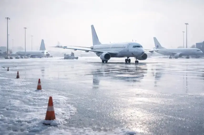 Vereiste Start- und Landebahn am Flughafen Berlin Brandenburg mit stillstehenden Flugzeugen bei Winterwetter und Blitzeis